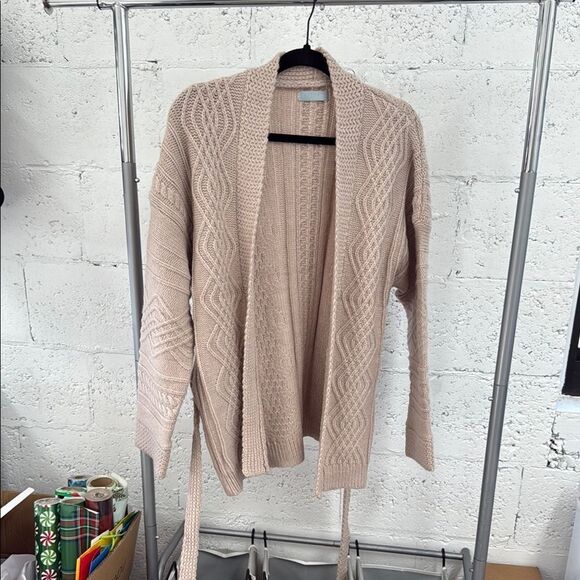 Women's Cable Knit Cardigan Sweater - Beige - NWOT - Size S/M with Tie - Picture 1 of 6